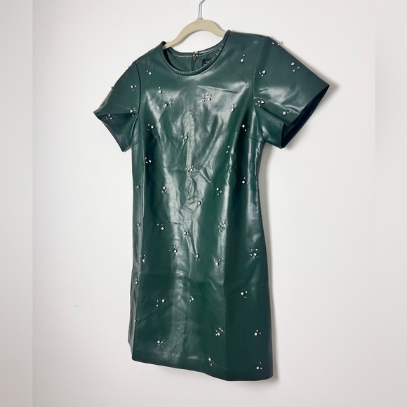 NEW J.Crew Collection Army Green Faux Leather Embellished Mini Dress Size 2 - Picture 6 of 14